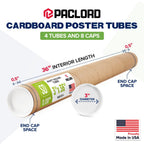 3" x 36" Reinforced Kraft Paper Mailing Tube, Pack of 4 Tube with 8 Caps – Secure USPS Approved Poster Tube – Made in