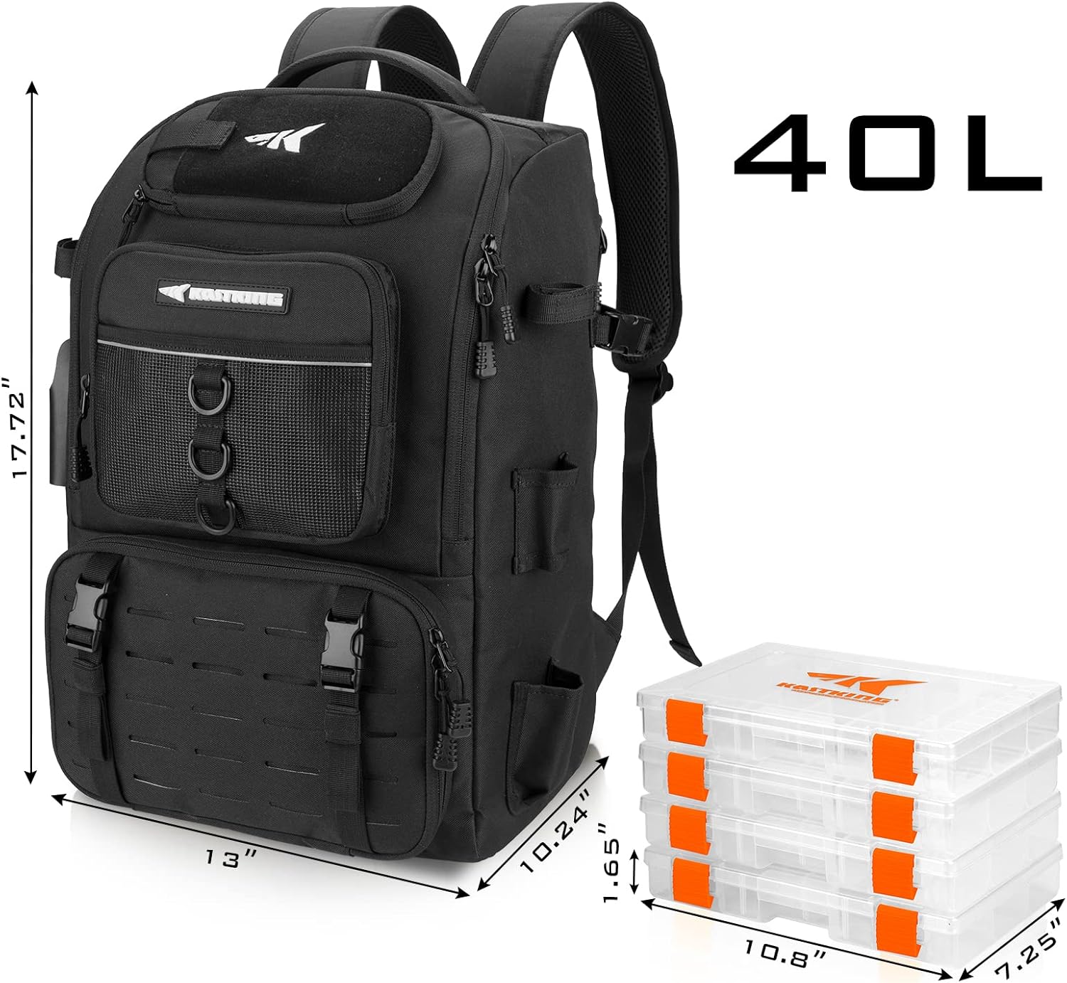 KarryAll Fishing Backpack with Rod Holder 4 Tackle Boxes, 40/26L | Tackle Bag Storage Fishing Gear and Equipment