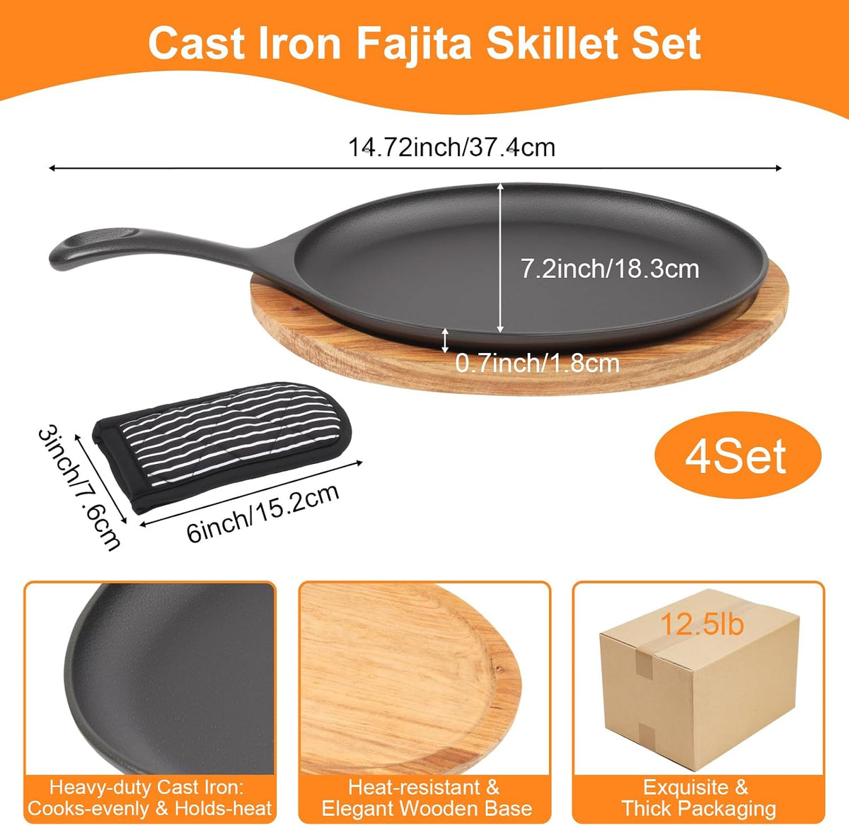 4 Sets Cast Iron Fajita Skillet Set Sizzling Plate with Wooden Base & Anti Scald Protection Hot Handle Cover, Cast