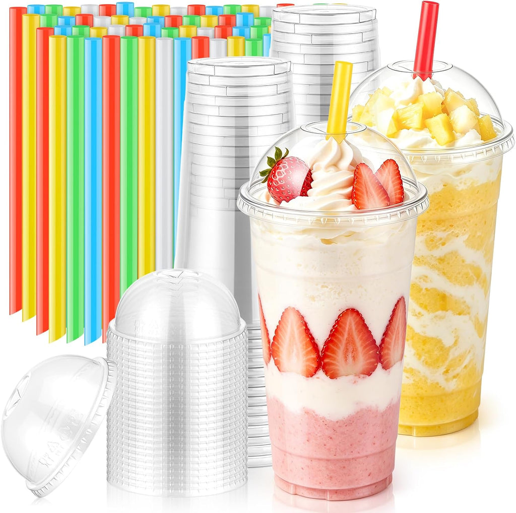 50pack 32oz Clear Plastic Cups with Dome Lids & Wide Color Straws