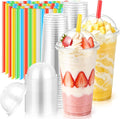 50pack 32oz Clear Plastic Cups with Dome Lids & Wide Color Straws