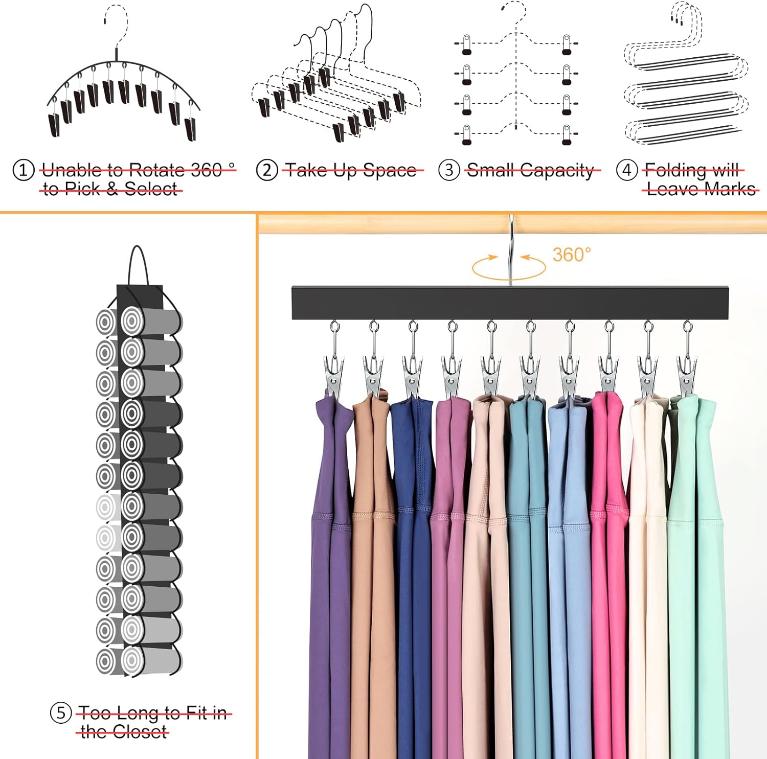 Legging Organizer for Closet, Pants Hangers with Clips Holds 20 Leggings, Jeans, Hats, Shorts, Socks, 360° Rotating