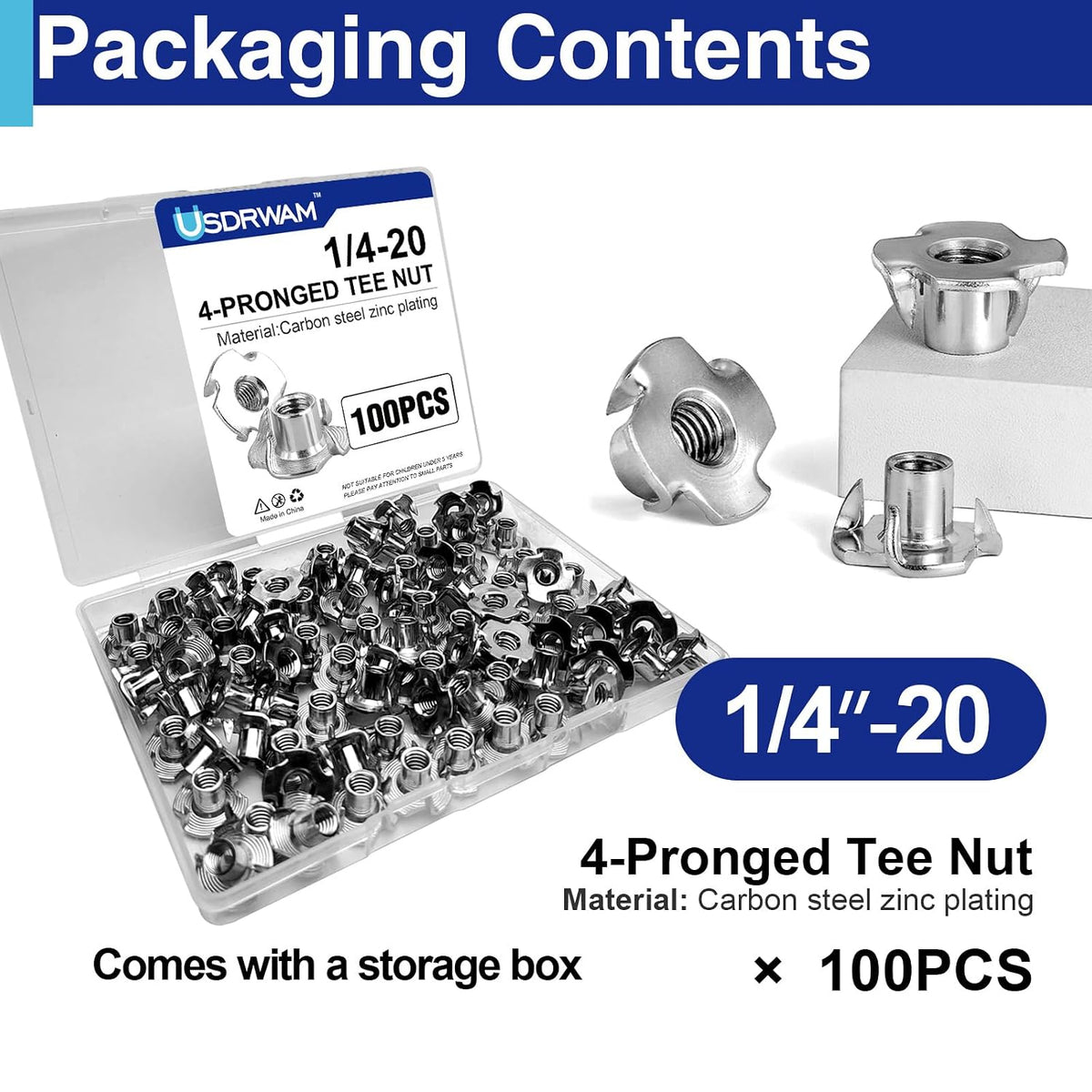 100PCS 1/4"-20 T Nuts for Wood, Zinc-Plated 4-Prong Tee Nuts