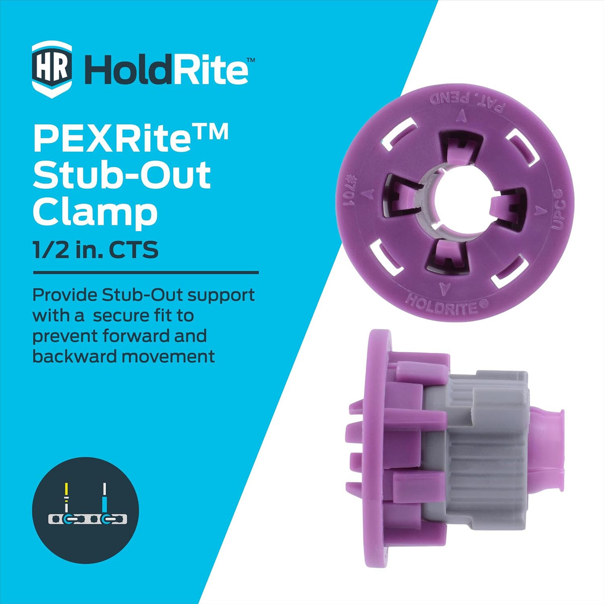 HoldRite PEXRite Stub-Out Clamp for 1/2 in. CTS Pipe, Tool-Free Pipe Support for Bathroom Stub-Outs, PEX, Copper, CPVC, 701-H