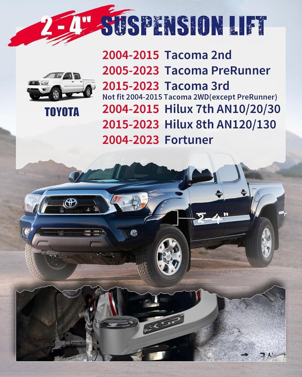 KSP Front Upper Control Arm For Toyota Tacoma 2004-2023, 2-4" Adjustable Front Aluminum Control Arm for 2004-2023 Toyota Hilux Fortuner, One-piece Aftermarket Forged UCA with Greasable Ball Joint