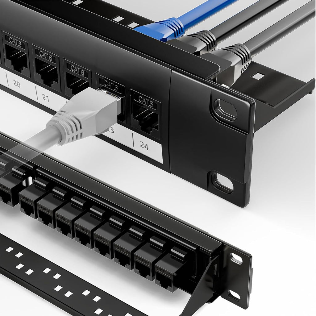 19 Inch 24 Port Patch Panel with 25 Pack CAT6 Keystone Couplers | with Detachable Cable Management Bar, 1U Ethernet