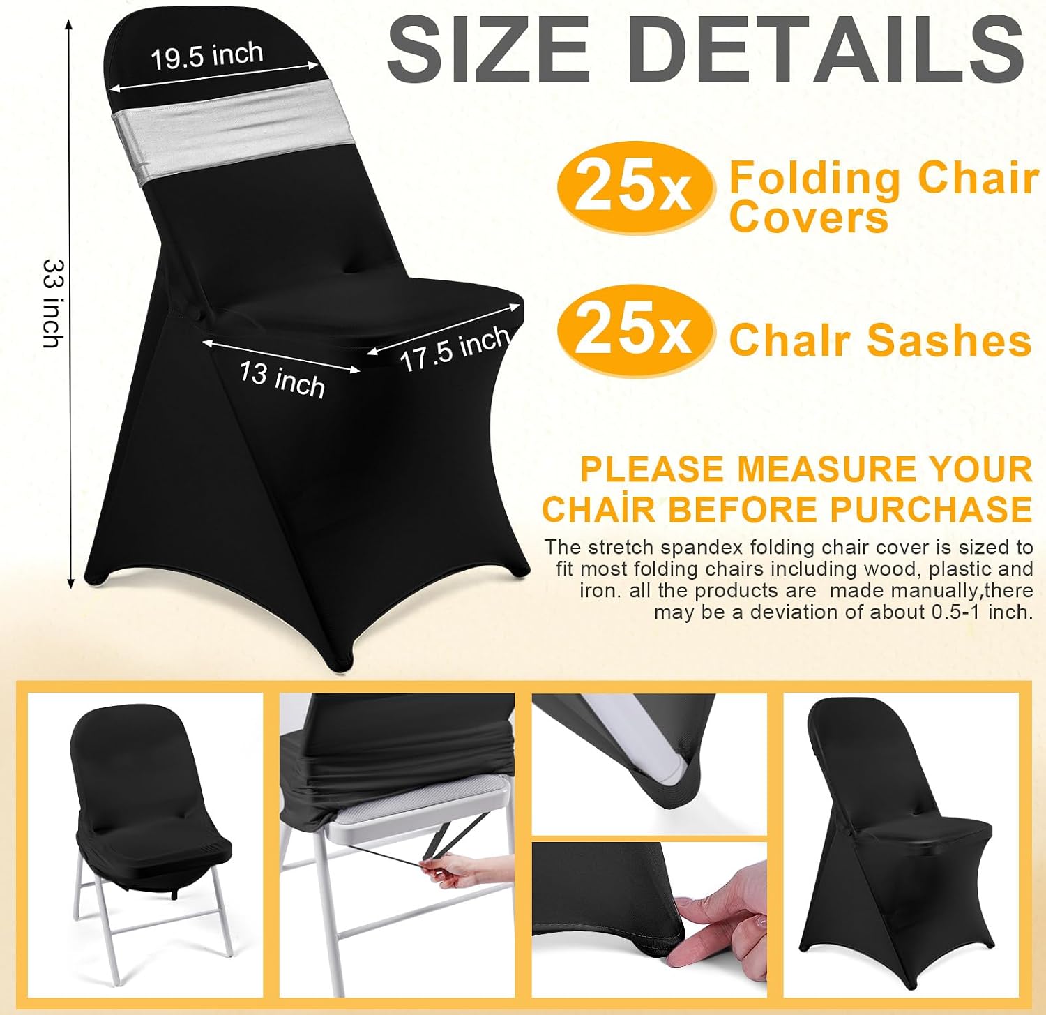 50 Pack Chair Covers and Sashes for Folding Chair, Black, Silver