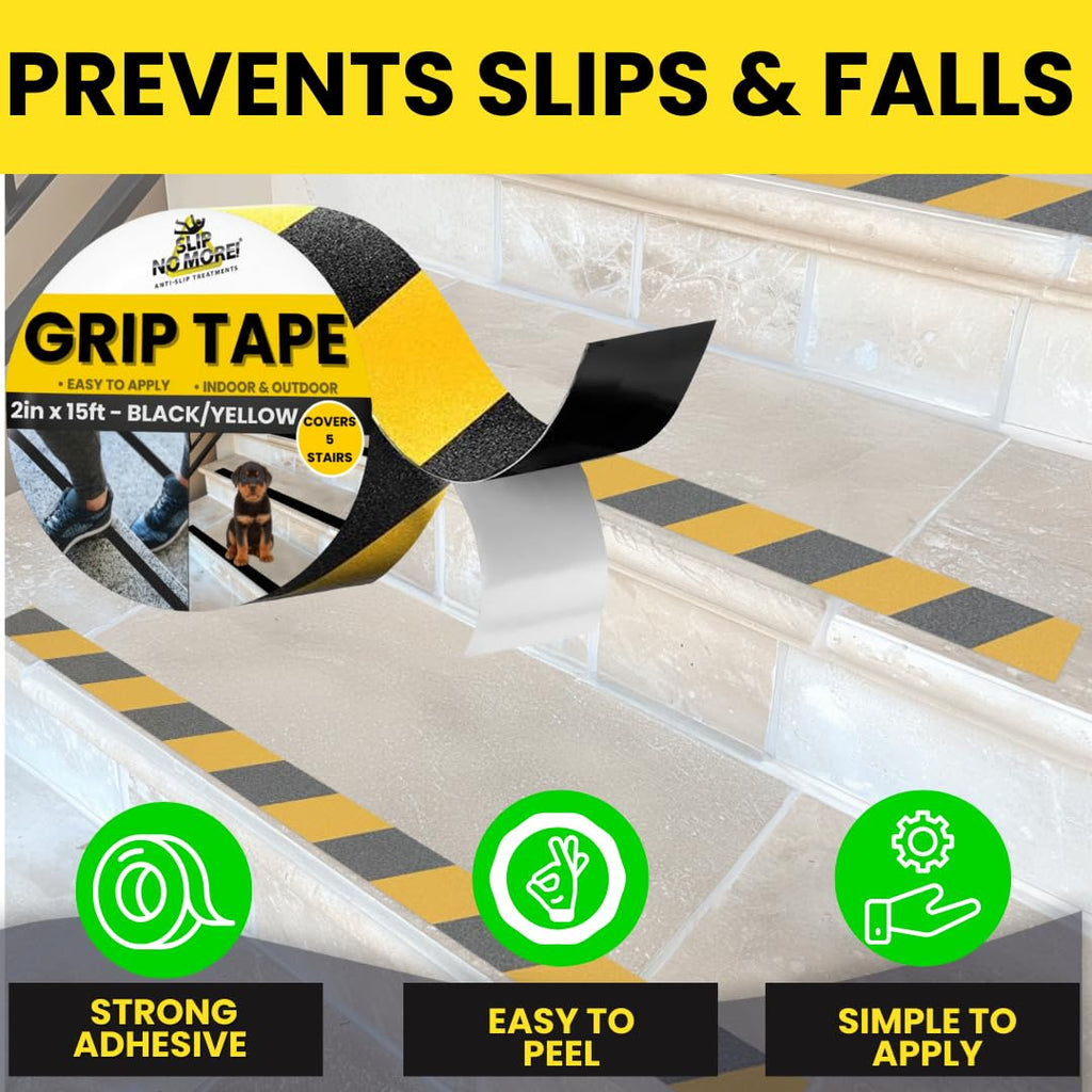 Grip Tape - Heavy Duty Hazard Tape Roll - Black and Yellow 2in x 15ft. Waterproof, Non Skid Tape for Stairs & Ramps.