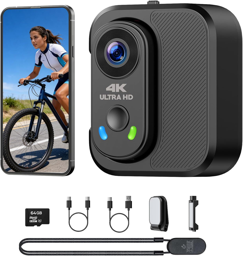 4K Mini Body Camera, Thumb Action Camera with 64GB Card, WiFi, EIS Stabilization, Charger Case, Magnetic Mount, 150°