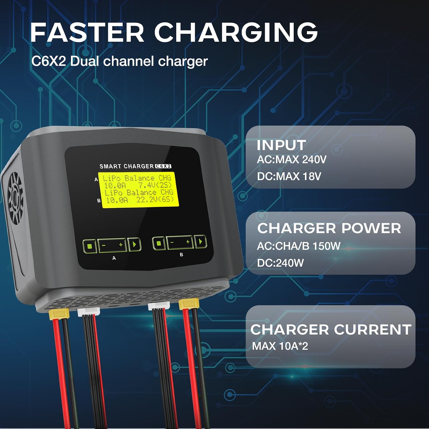 LiPo Battery Charger Dual 10A Fast Balance Charger Discharger for RC Car | Large Screen Battery Charger for 1-6S LiPo