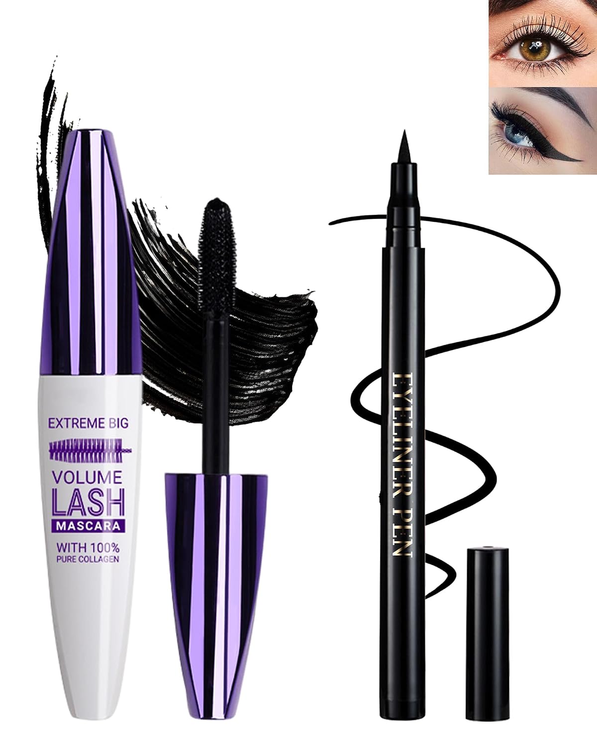 Black Waterproof Mascara Eyeliner, 5D Colored Tubing Mascara Eye Liner Set