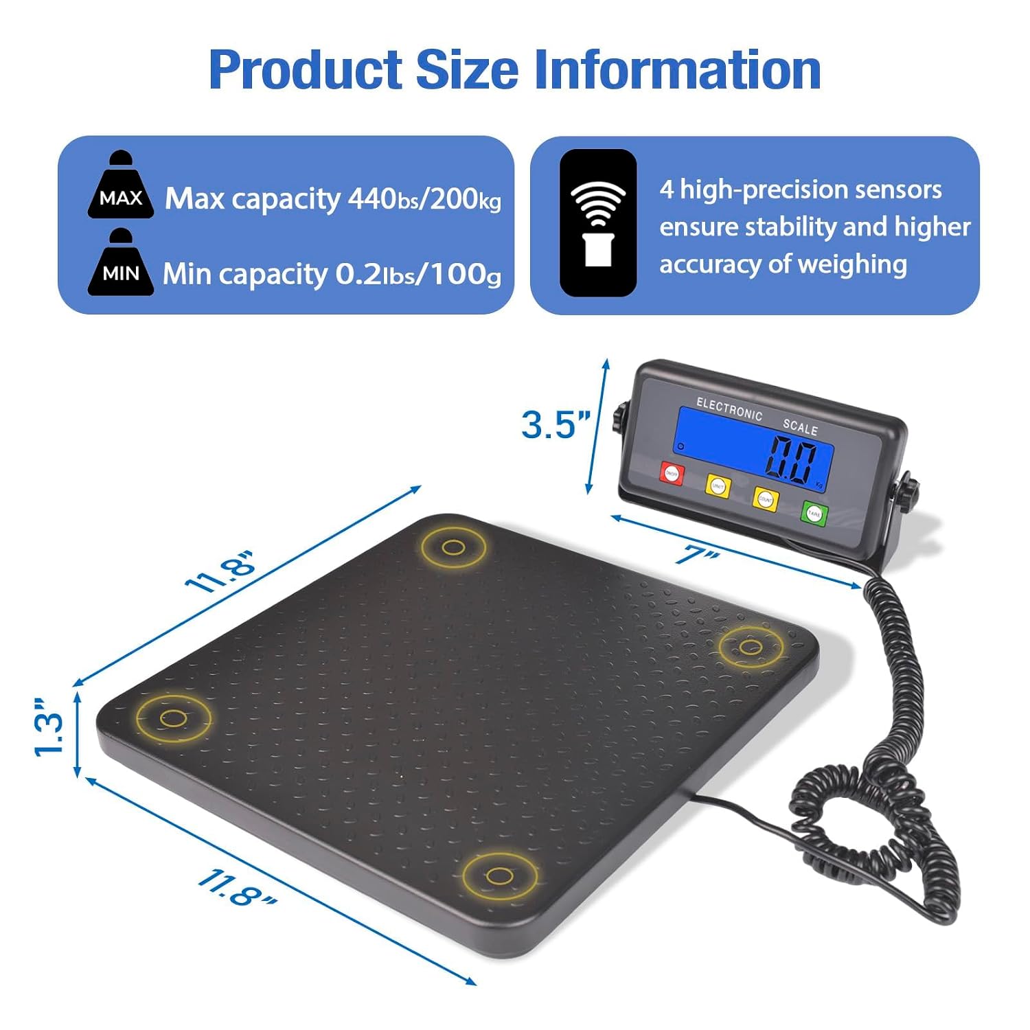 Surmountway Industrial Shipping Scale 440lbs, Anti-Slip Aluminium Platform | 11.8"X11.8", Tare/Count/Auto-Off, Easy