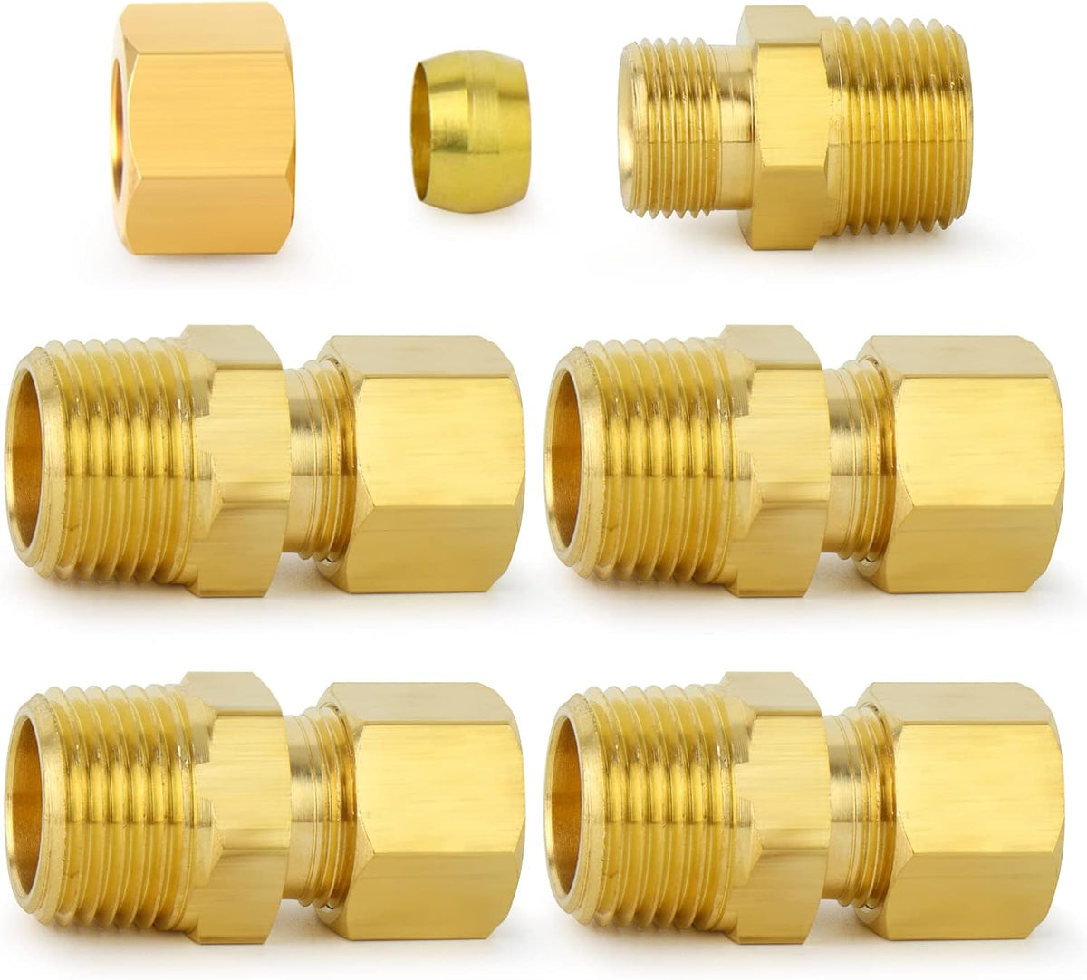 ChillWaves Brass Compression Tube Fitting, 3/8" OD x 1/2" NPT Male Compression Union Connector(5-PACK)
