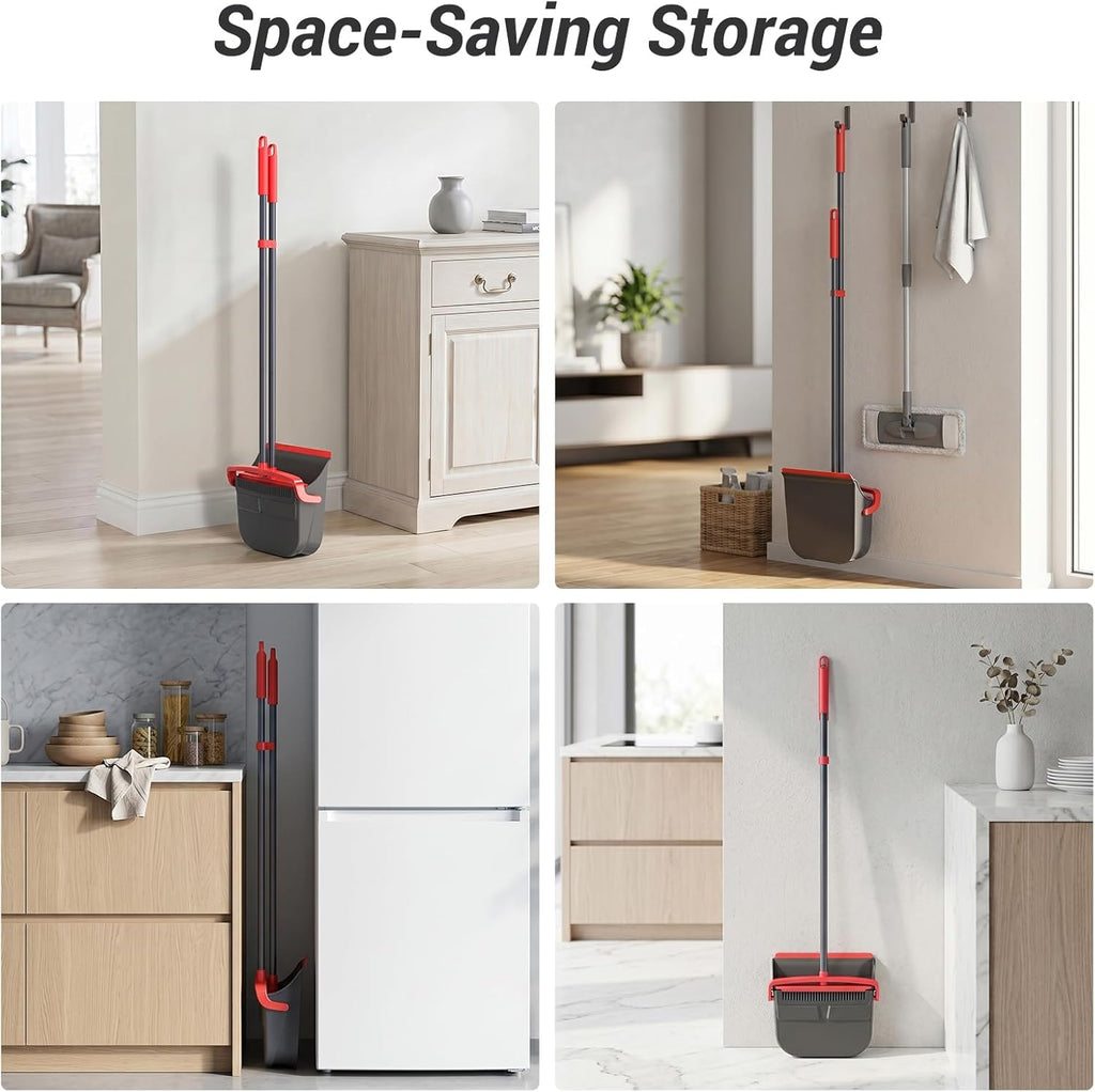 Broom with Dustpan Combo Set, Long Handle Upright Standing Self-Cleaning Broom and Dustpan Set for Pet Hair & Dust