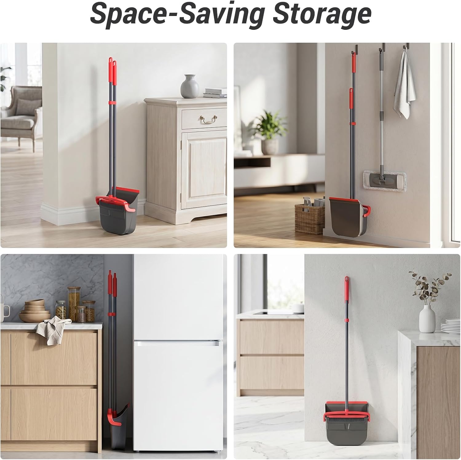 Broom with Dustpan Combo Set, Long Handle Upright Standing Self-Cleaning Broom and Dustpan Set for Pet Hair & Dust