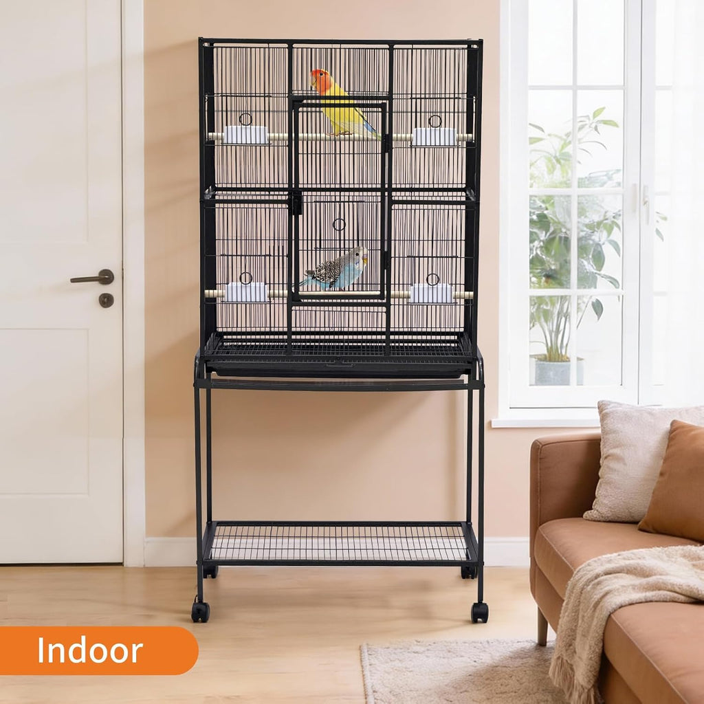 Spacious Flight Bird Cage with Rolling Stand & Storage Shelf - Durable Wrought Iron Parrot Home - Easy Clean, Ideal