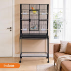 Spacious Flight Bird Cage with Rolling Stand & Storage Shelf - Durable Wrought Iron Parrot Home - Easy Clean, Ideal
