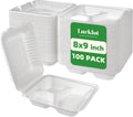 100 Pack 8×9 Inch 3-Compartment Compostable Bagasse Food Containers