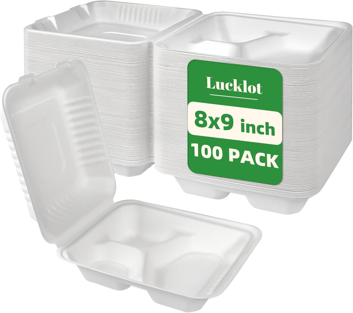 100 Pack 8×9 Inch 3-Compartment Compostable Bagasse Food Containers