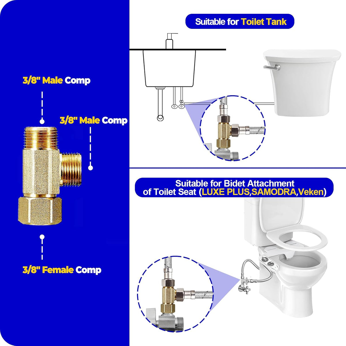 Add-A-Tee - 3/8"Compx3/8"Compx3/8"Comp Brass Tee for Faucet,Dishwasher,1Pcs