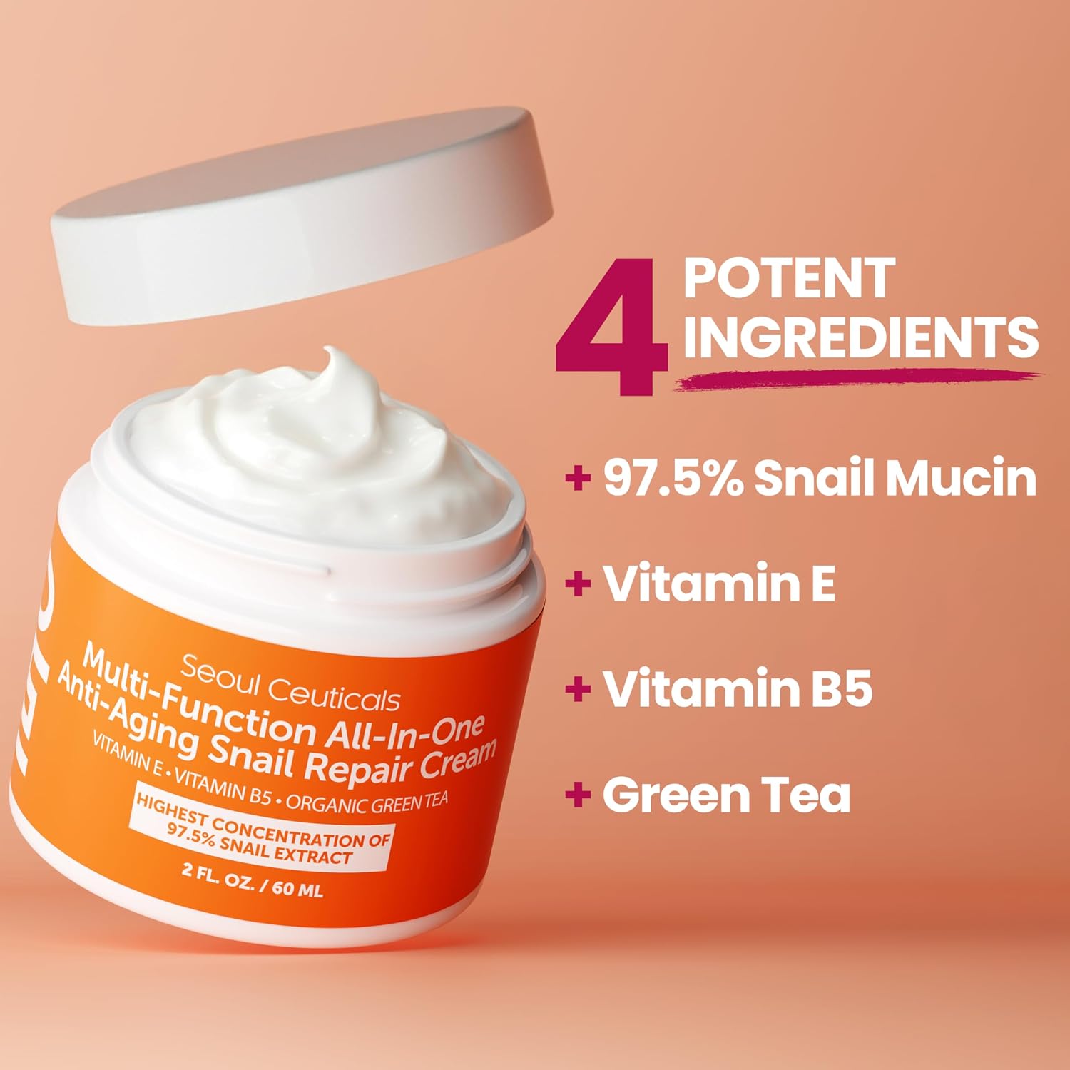 97.5% Snail Mucin Korean Face Moisturizer Day & Night Cream | 2oz Anti Wrinkle Anti Aging Repair, Natural Organic