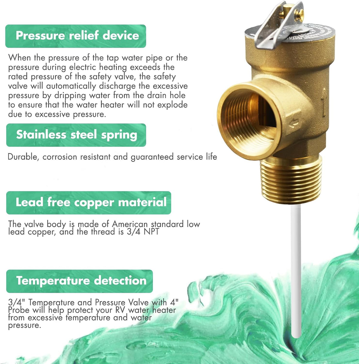 VAV 3/4" T&P Relief Valve,150 PSI, 4" Probe, Lead-Free,CSA Listed