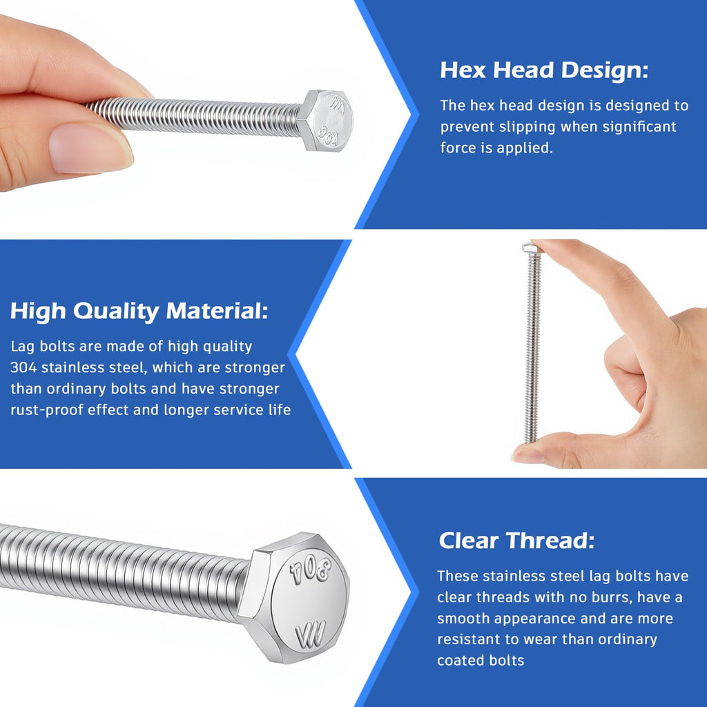 Zonon 50 Pcs 1/4-20 x 3-1/2" Hex Head Screw Bolt, Silver
