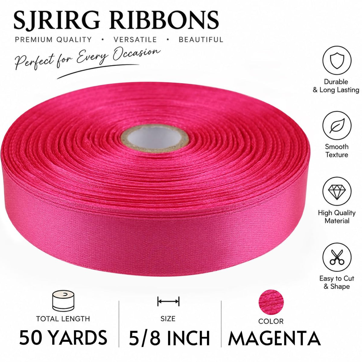 5/8 Inch Magenta Satin Ribbon 50 Yards Single Face Polyester