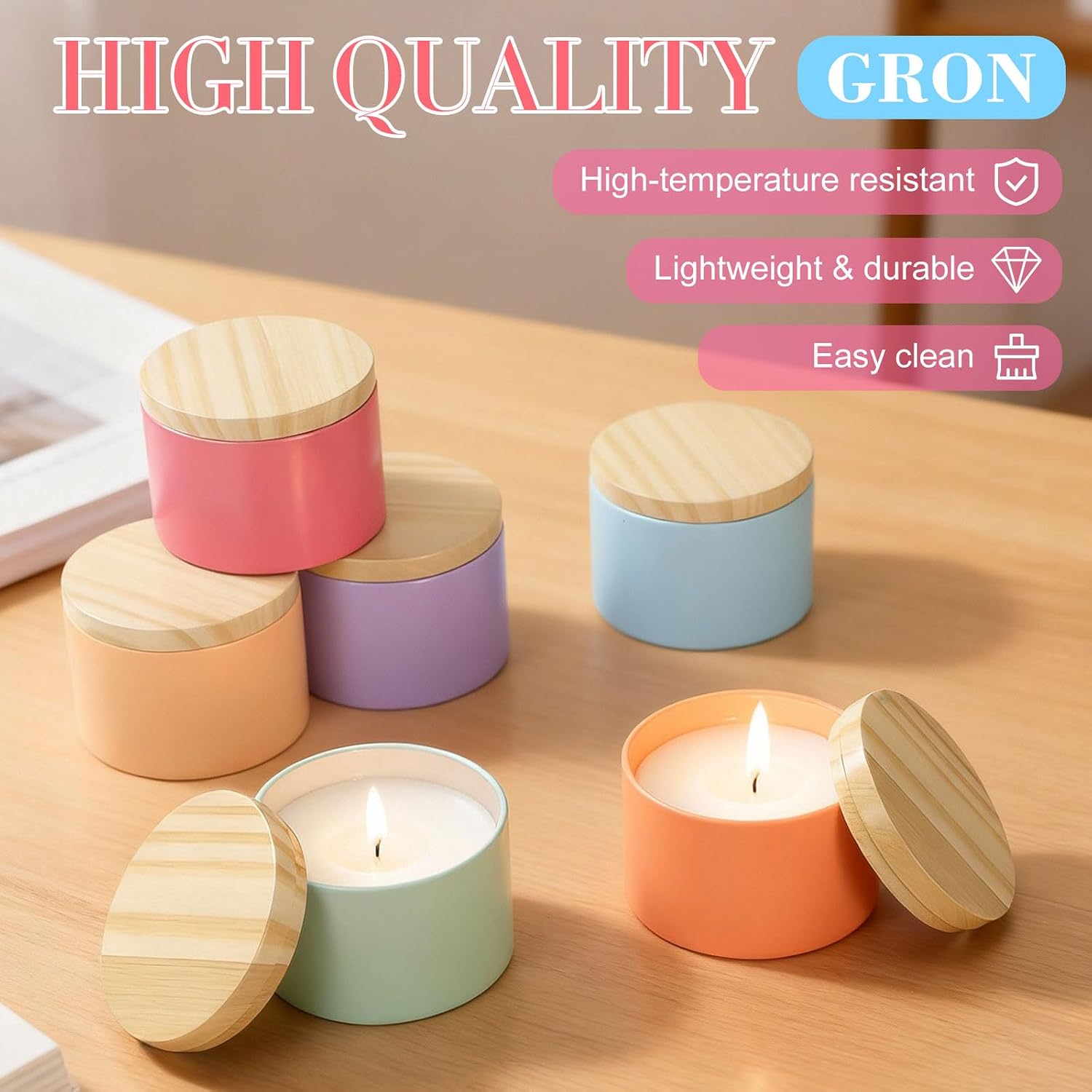 36 Pcs 8 oz Colorful Candle Tins Jars with Lids for Candle Making | Candle Container with Wood Grain Lids, DIY