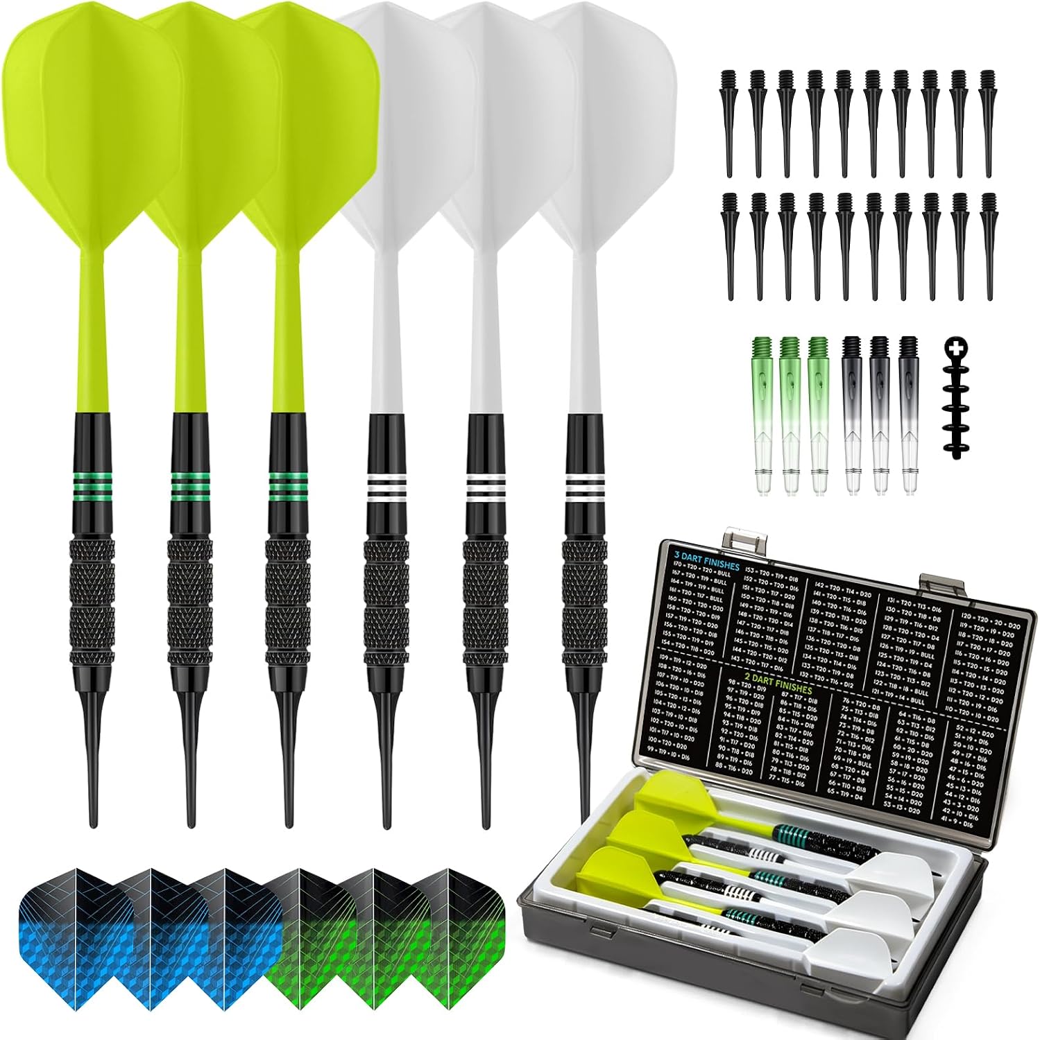 Soft Tip Darts Set 6 Pack – Professional Darts Plastic Tip with Integrated Dart Flights, Extra Dart Stems & Flights