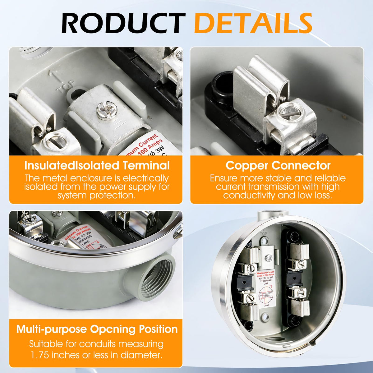 100A 4 Jaw Meter Base, 240V 3 Wire Ring Type Meter Socket with Horn Bypass Cover Plate, For Overhead & Underground Power Feed