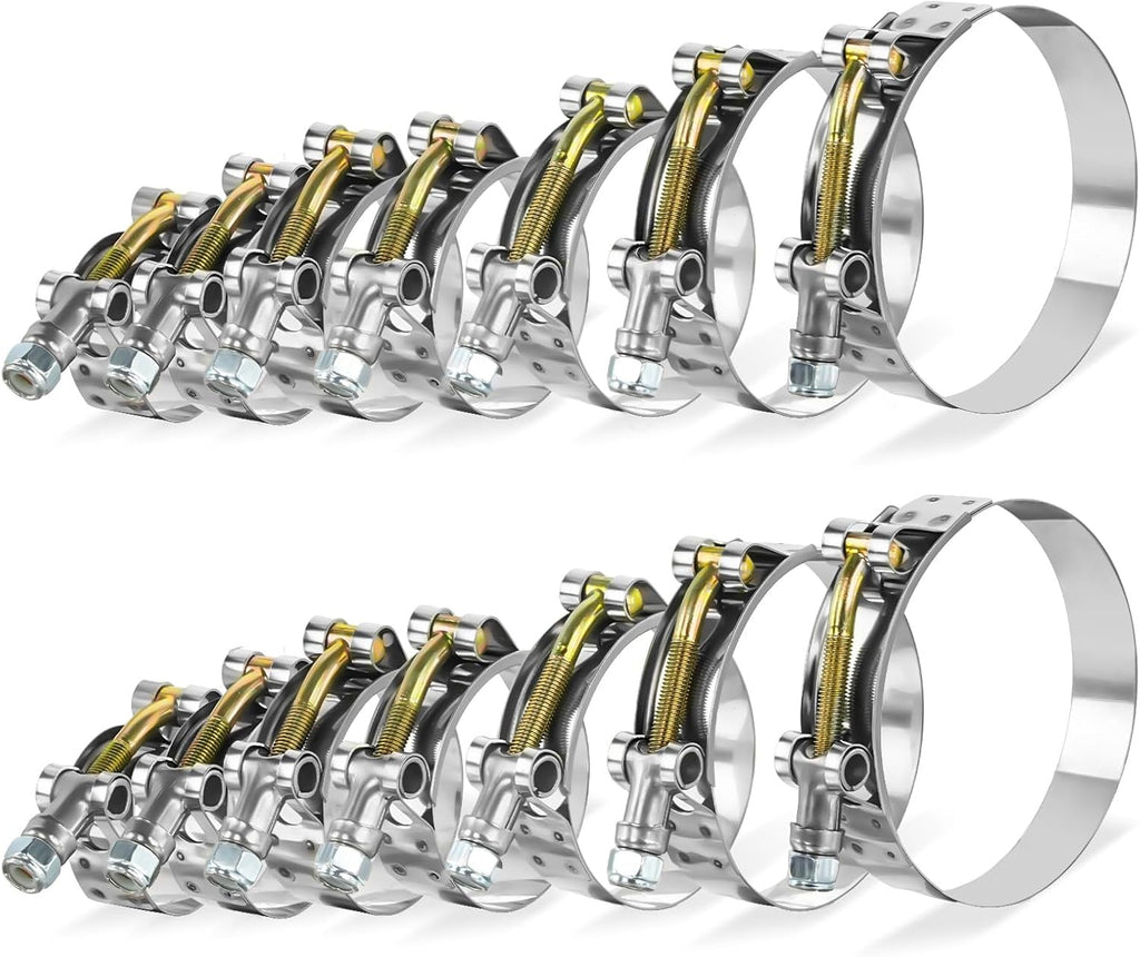 14Pcs T-Bolt Radiator Hose Clamp Set, Stainless Steel, 1" to 3" | 304 Stainless Steel, Nylon Locknut, Leak-Proof