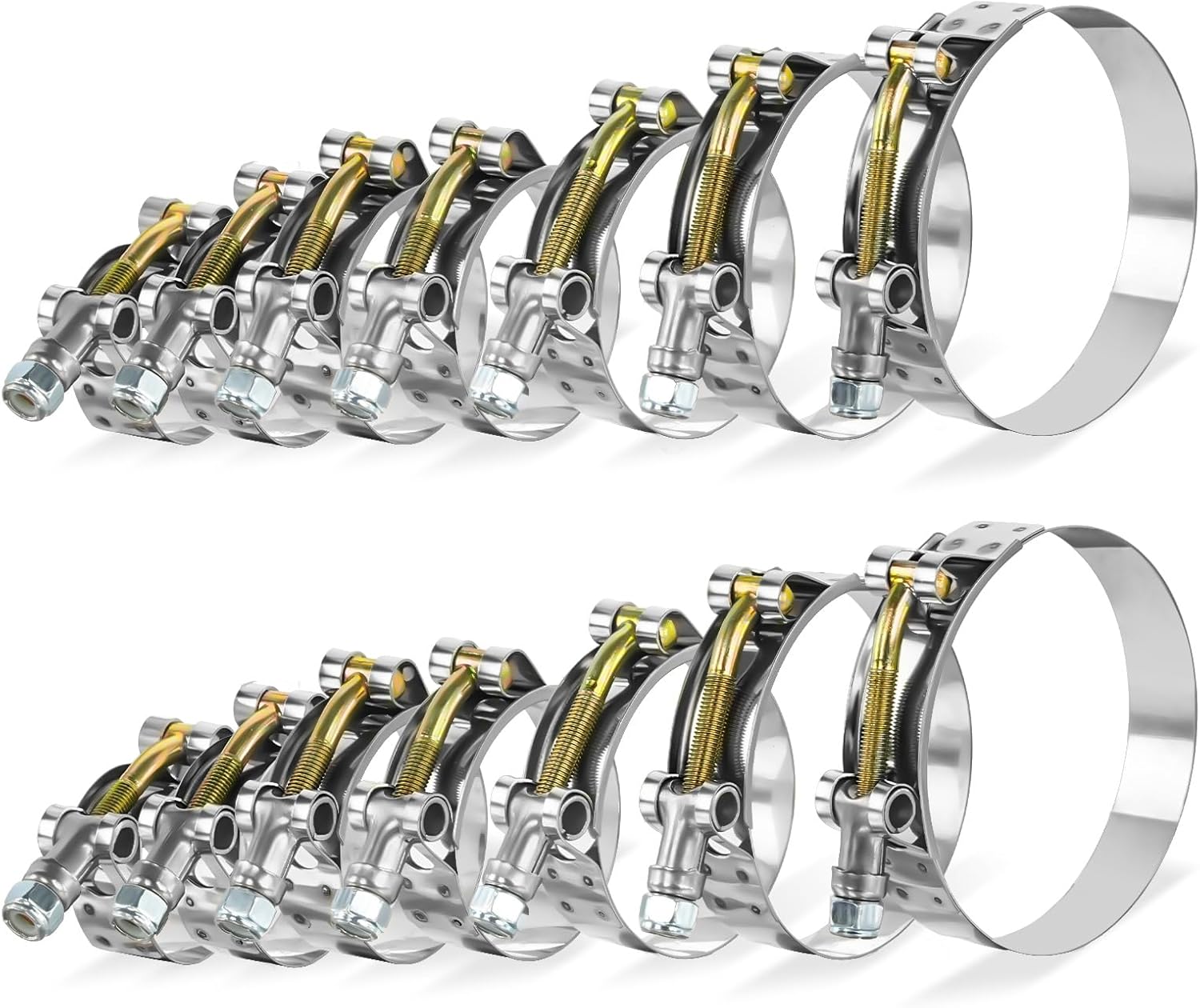14Pcs T-Bolt Radiator Hose Clamp Set, Stainless Steel, 1" to 3" | 304 Stainless Steel, Nylon Locknut, Leak-Proof