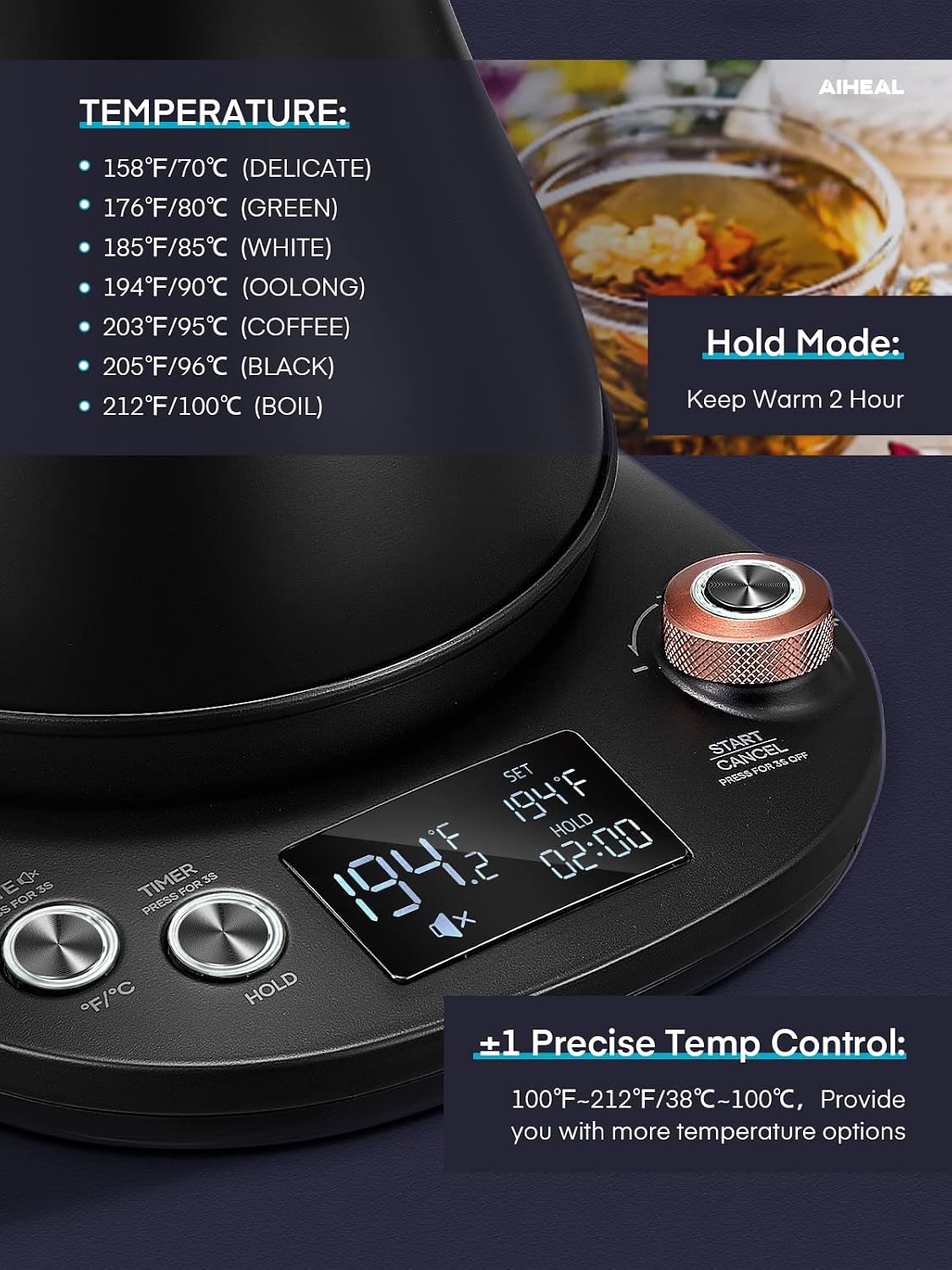 Electric Gooseneck Kettle Temperature Control, Pour Over Electric Kettle for Coffee and Tea, 100% Stainless Steel