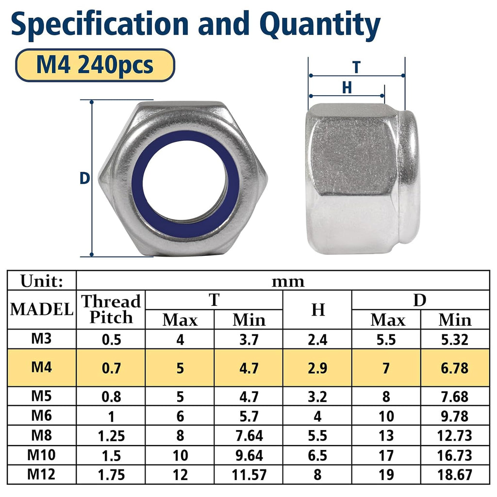 M4-0.7 Lock Nut, 240Pcs Stainless Steel Nylock Insert Locking Nut