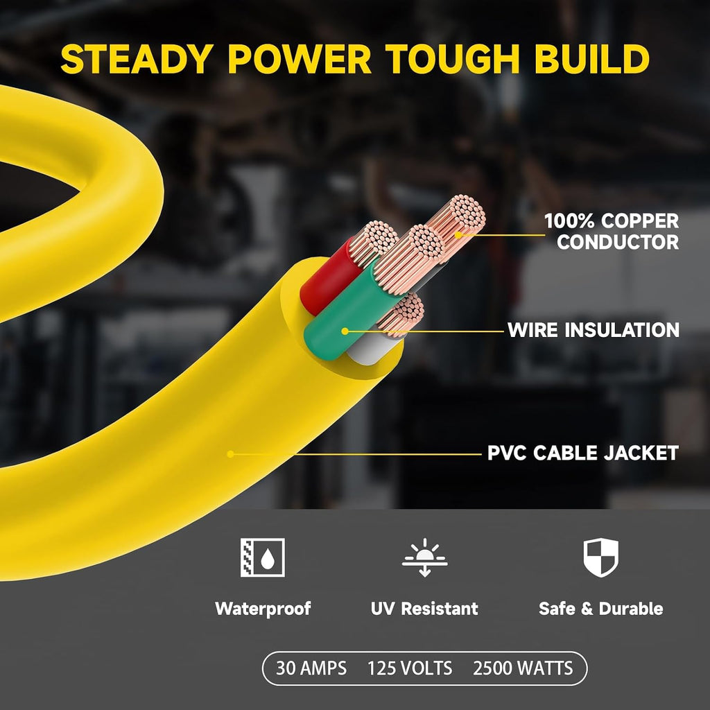15 Ft 10/4 30-Amp Generator Outdoor Extension Cord, L14-30P/R, Yellow | 10 Gauge SJTW 4-Prong 125/250V 7500W NEMA