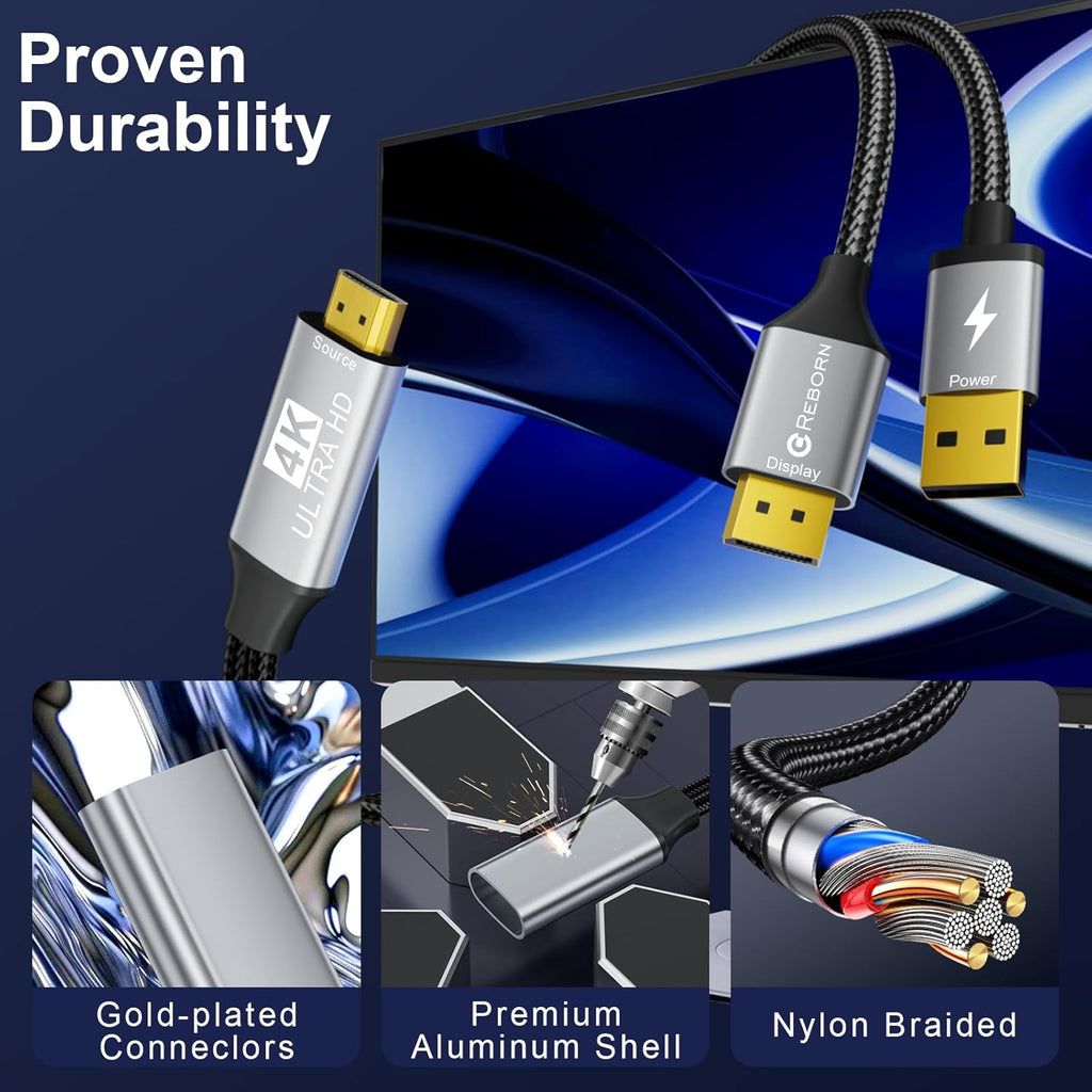 Active HDMI to DisplayPort Cable (4K 60Hz,1080p@120Hz) 6FT | Uni-Directional HDMI Source to DP Monitor Adapter