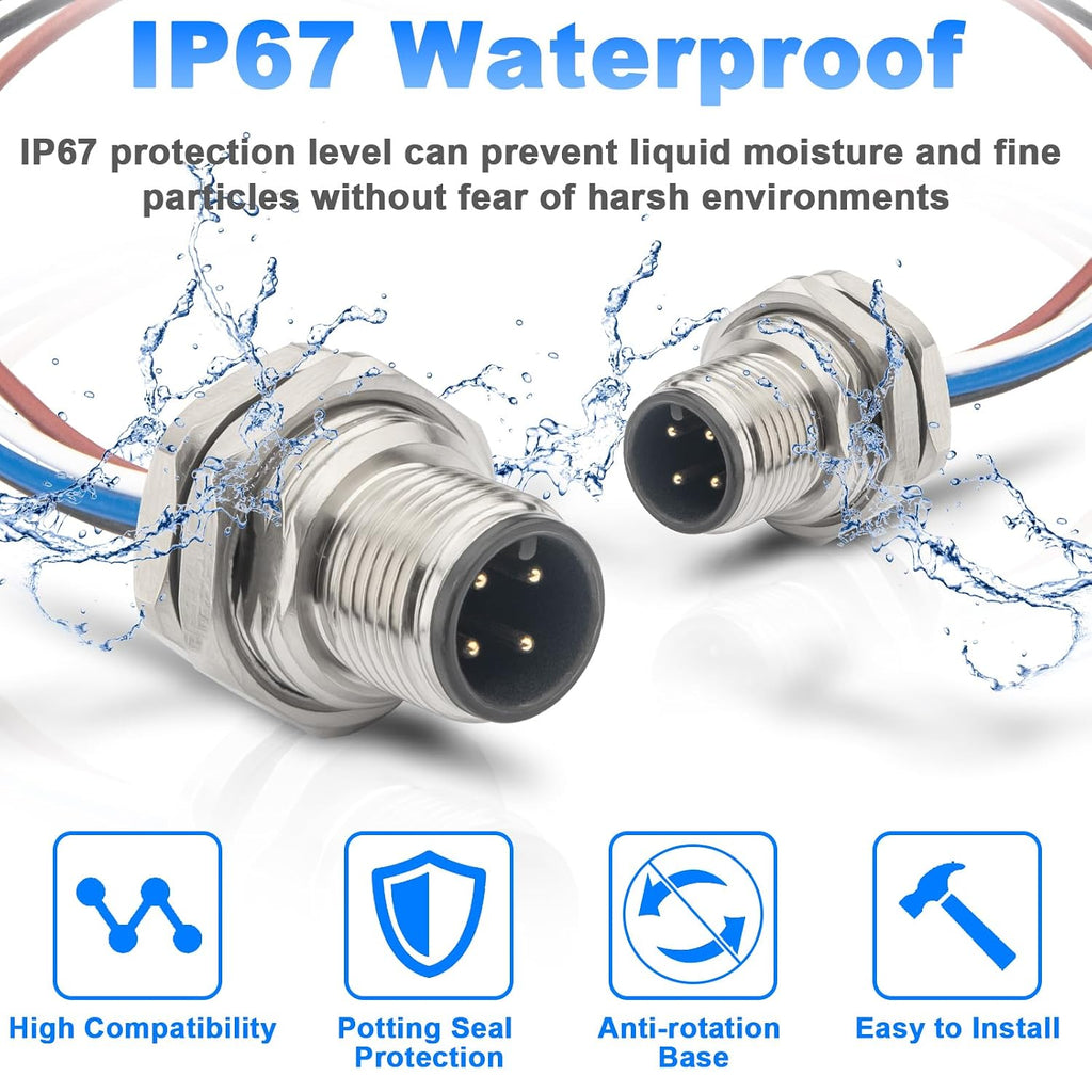 2-Pack M12 4 Pin A-Code Male Connector Cable 0.7FT