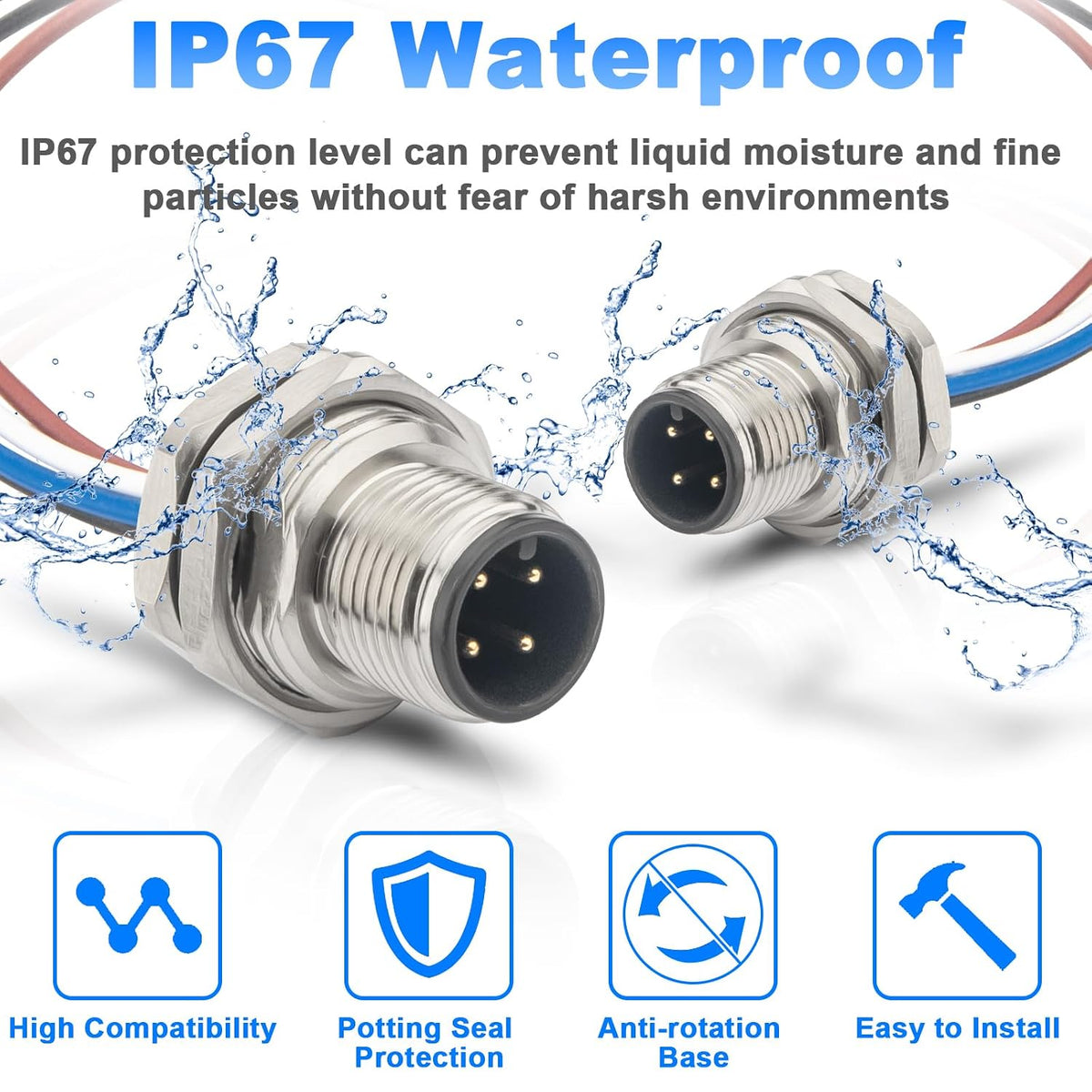 2-Pack M12 4 Pin A-Code Male Connector Cable 0.7FT