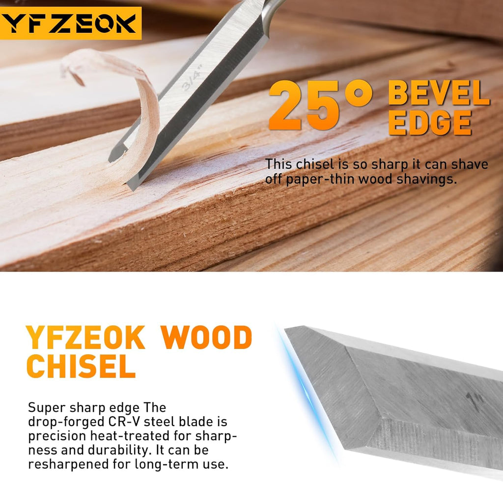 Wood Chisel Sets，4-Piece Woodworking Tools Set, CR-V Steel Beveled Edge Blades with Safety Caps. Durable PVC High