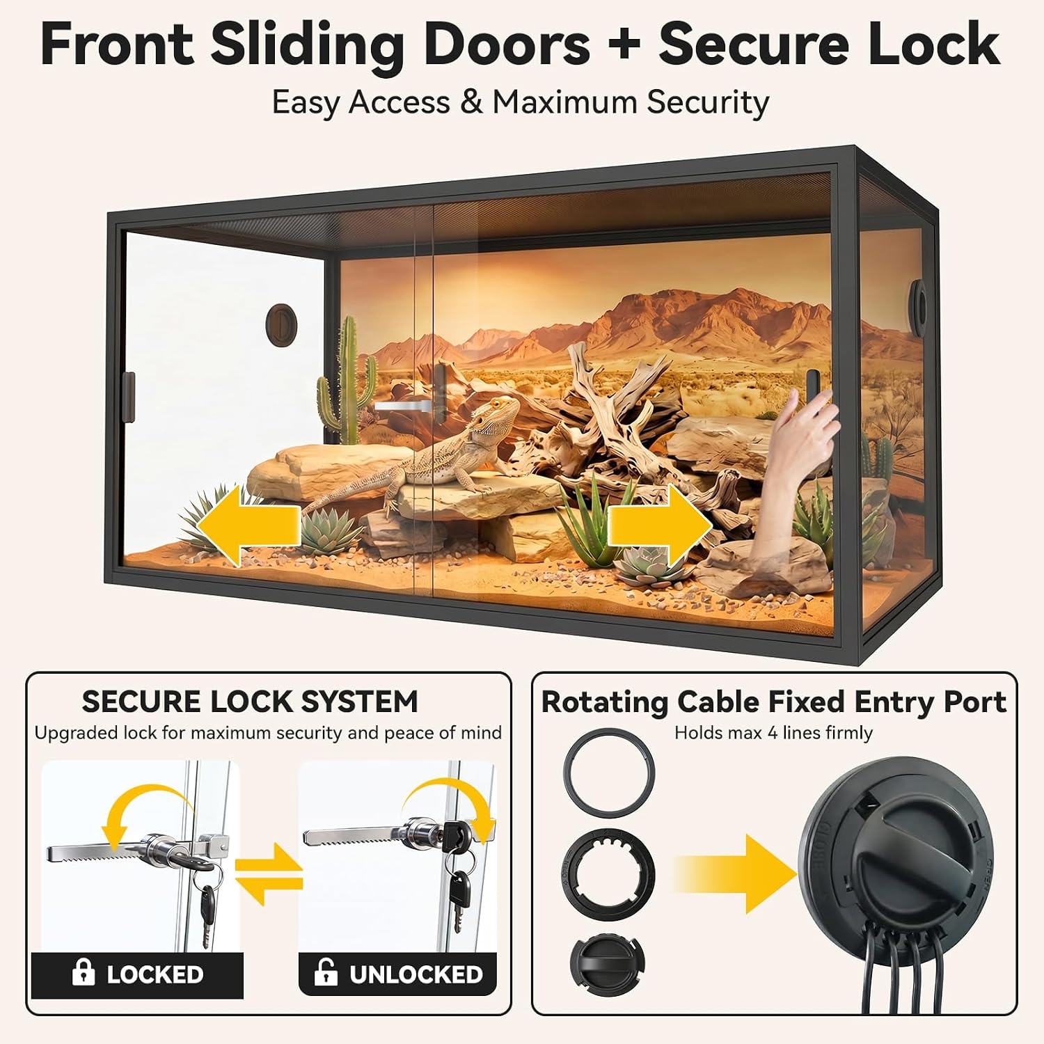 120 Gallon Reptile Enclosure 48" x 24" x 24", Front Opening Reptile Enclosure with Tempered Glass Doors, Safety Lock
