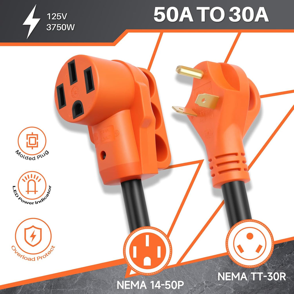 30 Amp to 50 Amp RV Adapter with Surge Protection | Surge Protection, Overload Protection, Heavy Duty, LED Indicator