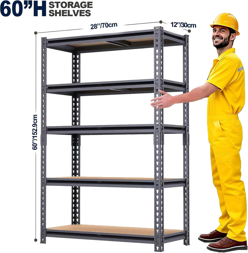 Garage Shelving, 2400 LBS Metal Storage Shelves, 12" x 28'' x 60'' Heavy Duty Shelf, Adjustable Shelving Rack