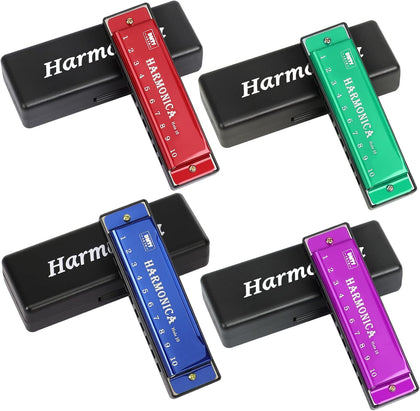4PCS Key of C 10 Hole 10 Tones Titanium Color Harmonica | Portable with Case,Rich Sound Diatonic Red, Blue, Green