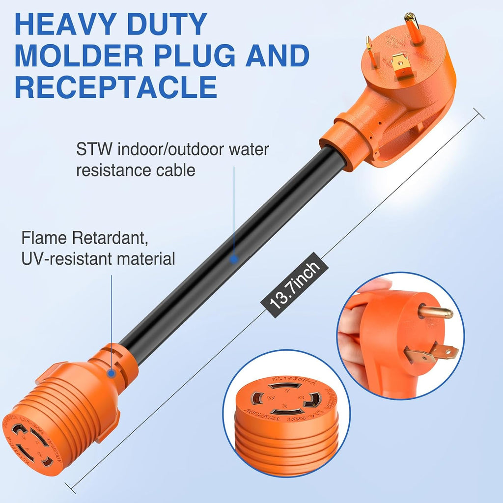 RV Generator Adapter Cord NEMA TT-30P to L14-30R | 30 Amp 3 to 4 Prong Generator Transfer Switch Adapter Twist Lock