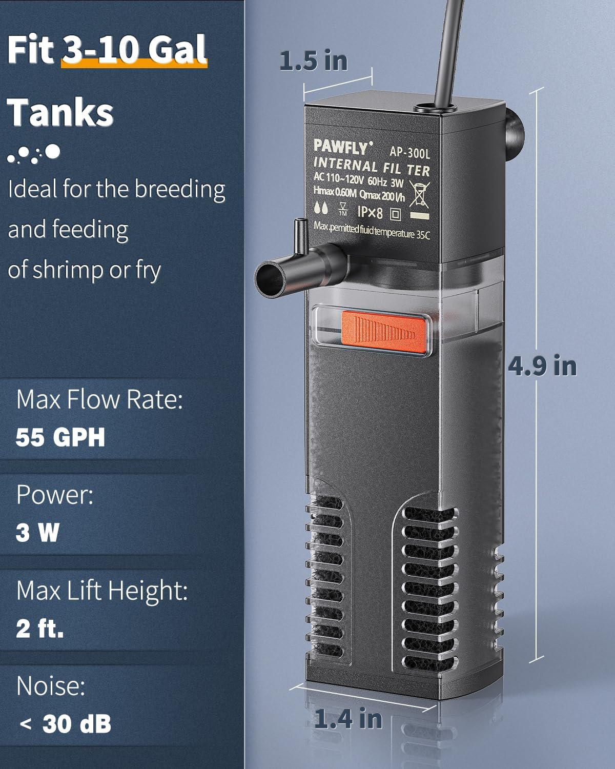 Internal Aquarium Filter, Submersible Power Filter with 55 GPH Water Pump for 3 to 10 Gallon Fish Tanks Filtration