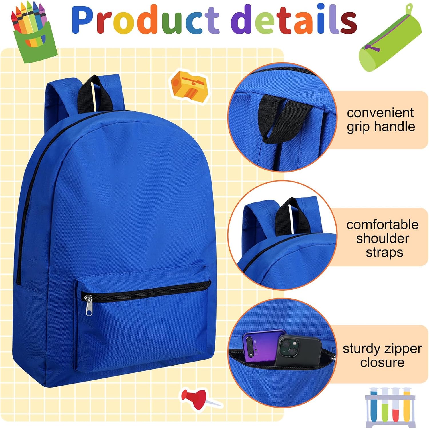 12 Pcs 17" Backpacks with 144 Pcs School Supplies Kits Includes Markers Scissors Rulers Sharpeners Ballpoint Pens