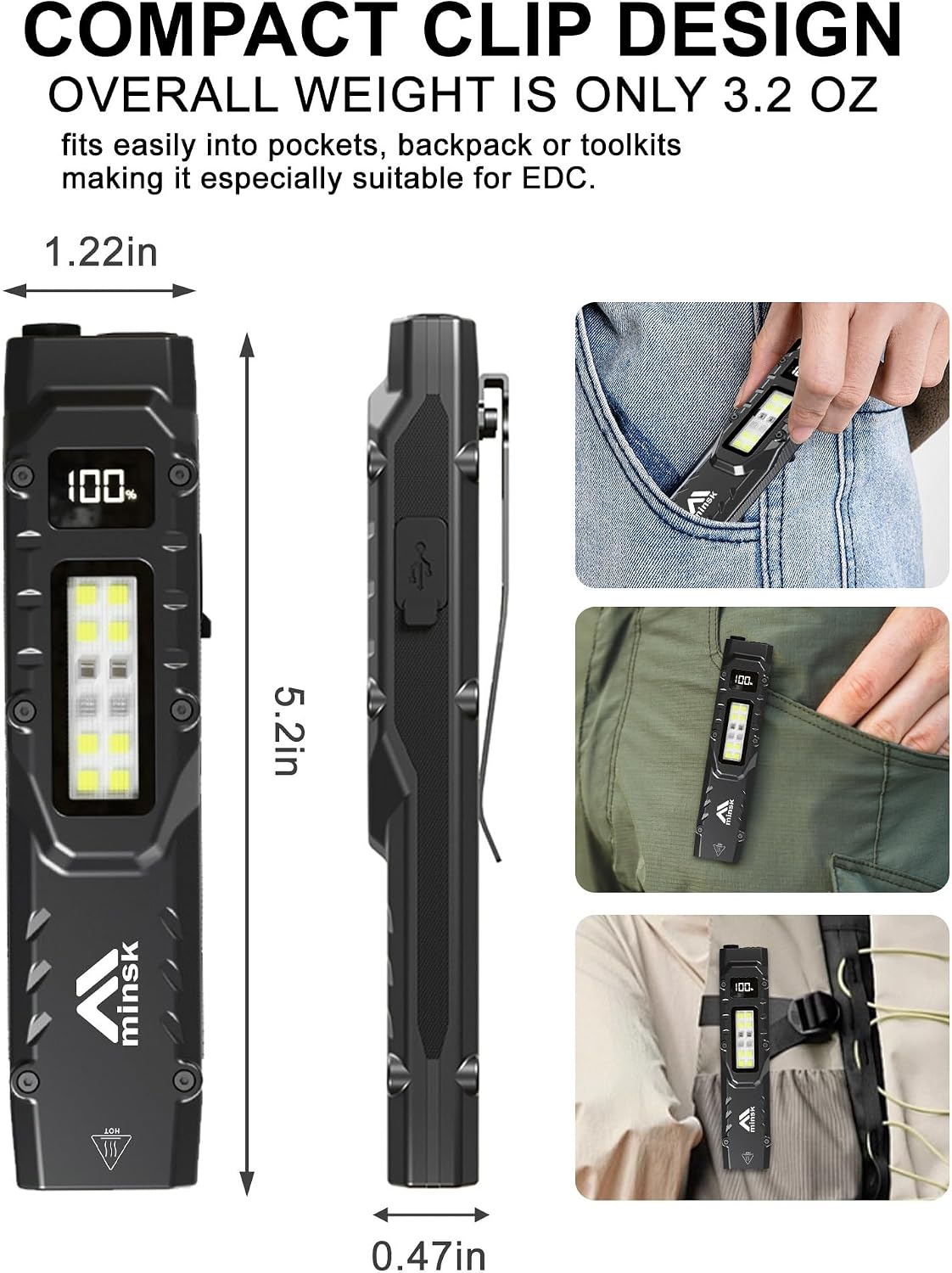 EDC Tactical Flashlight, 1500 High Lumens Rechargeable LED Flashlight, Compact 9 Modes, USB-C Rechargeable Digital