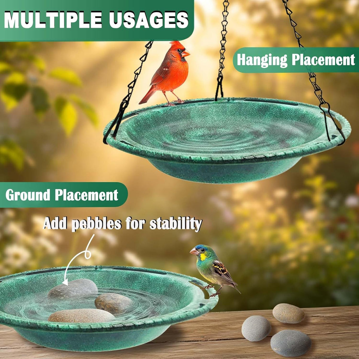 Hanging Bird Bath & Feeder Bowl, 12 in, Antique Green