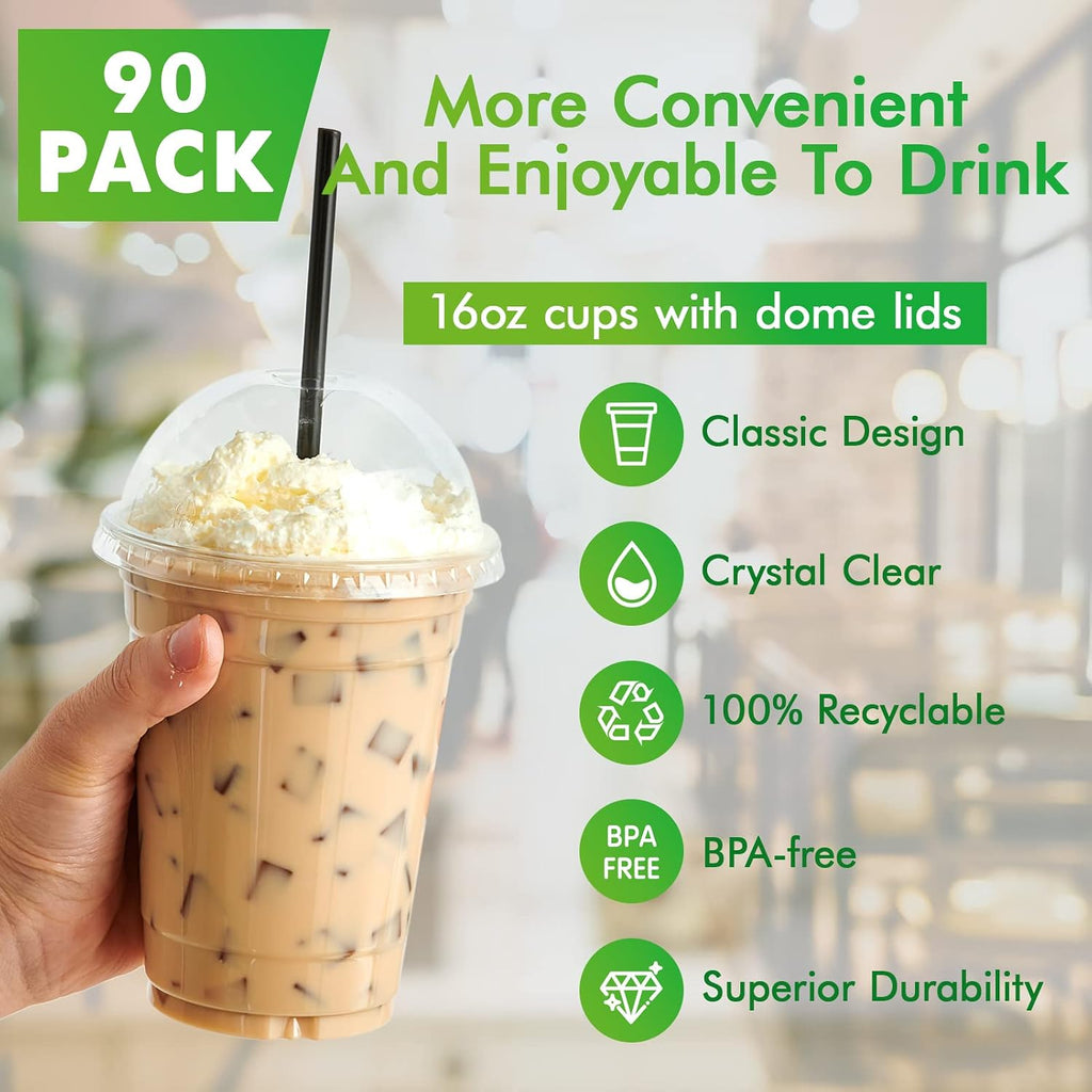 90 Sets 16 oz Clear Plastic Cups With Dome Lids